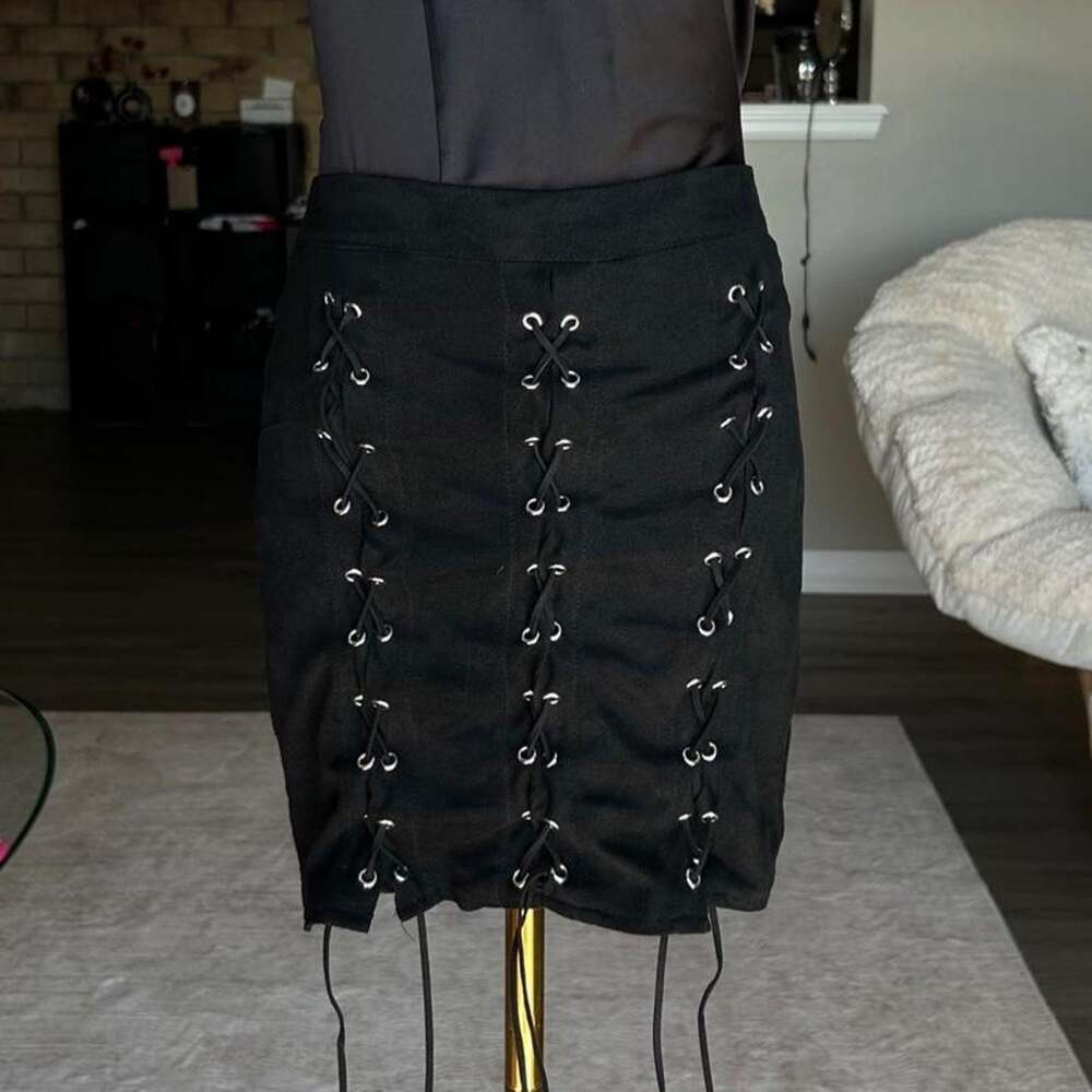 Prettylittlething black bodycon lace up skirt